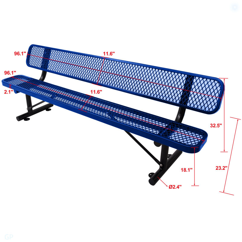 Banc d'extérieur en acier avec dossier, H 32,65 po x l 96,06 po x P 23,17 po, Bleu / Noir
