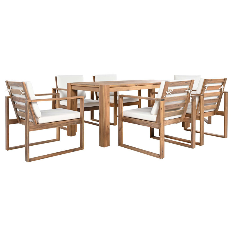 Ensemble 7 pièces de table et chaises de patio avec trou pour parasol et coussin amovible, Teck clair