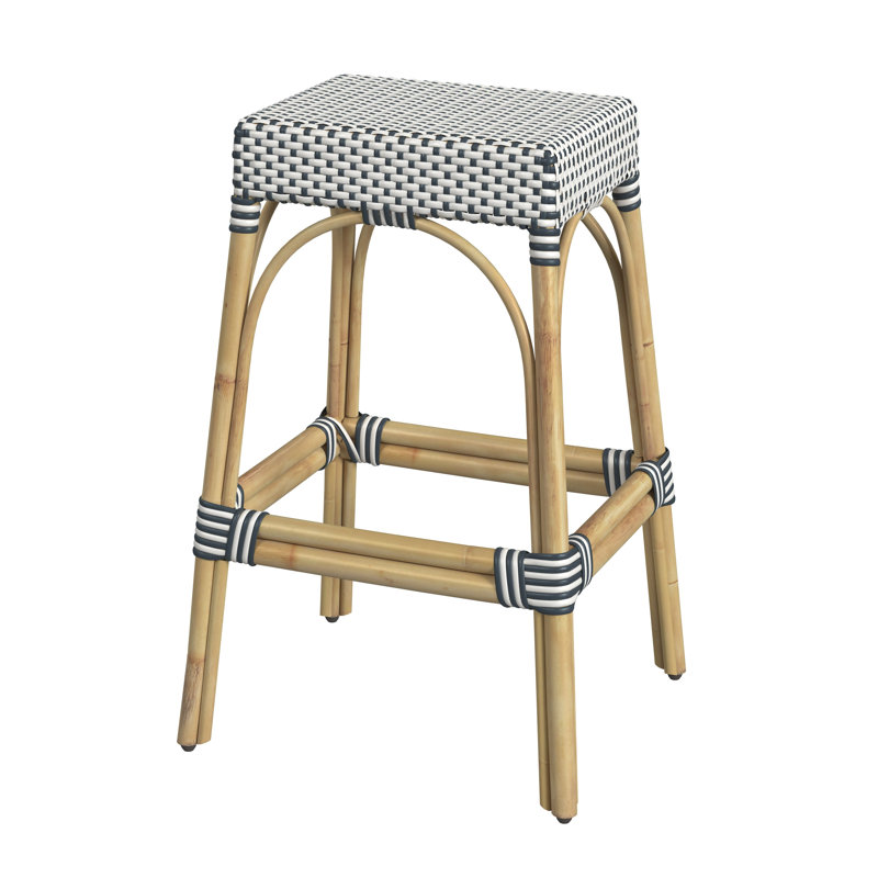 Robias Rattan Bar & Counter Stool, Bar Stool (30" Seat Height), White/Navy Dot/ Natural Rattan Frame