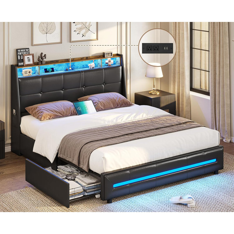 LED Upholstered Platform Bed Frame with 4 Storage Drawers and Storage Headboard, Full, Black PU