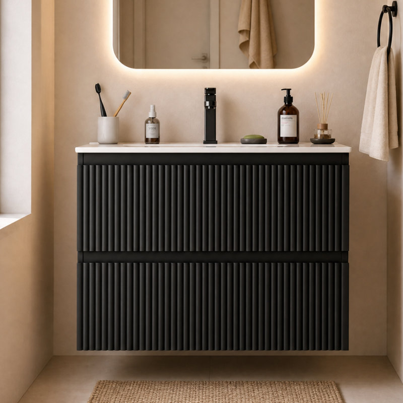 Meuble-lavabo suspendu noir de 61 cm (24 po) avec lavabo en céramique, meuble-lavabo mural moderne cannelé avec 2 tiroirs à fermeture douce pour salle d'eau