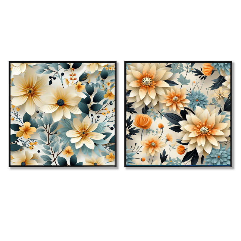 Evangélina - Ensemble de 2 collages floraux carrés, Cadre flottant noir, H 16 po x l 33 po