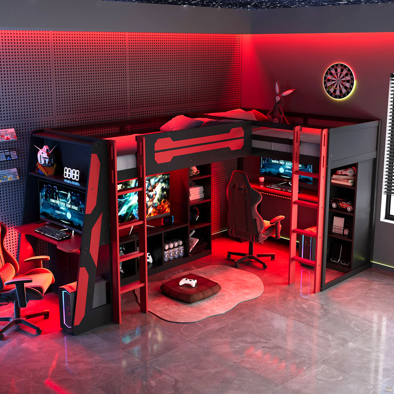Cadre de lit de jeu simple en L en forme de L avec lumières à DEL RVB, deux lits simples, ports USB, meuble télé et tablettes de rangement