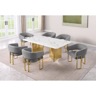 Grand White Marble Dining Set With Teddy Fabric Side Chairs