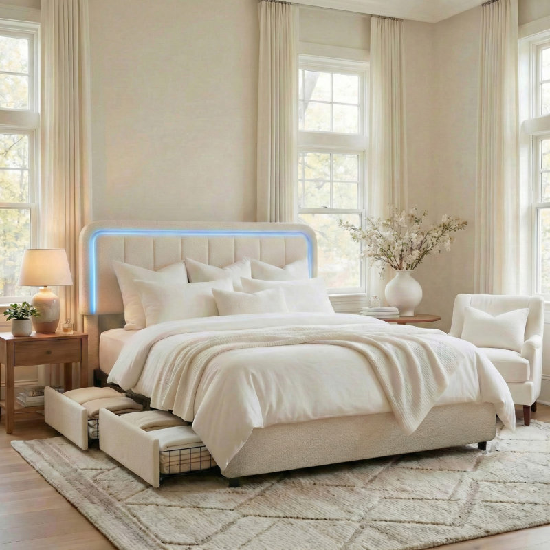 Soft Cream Style Boucle Cloud Bed With Led Light Adjustable Headboard And 4 Drawers, Queen