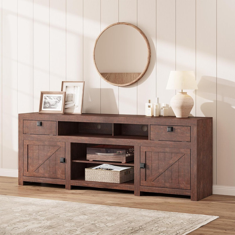 70'' Farmhouse TV Stand, Entertainment Center with 4 Storage Drawers & 3 Open Shelf, Television Consoles Stands, Red Brwon