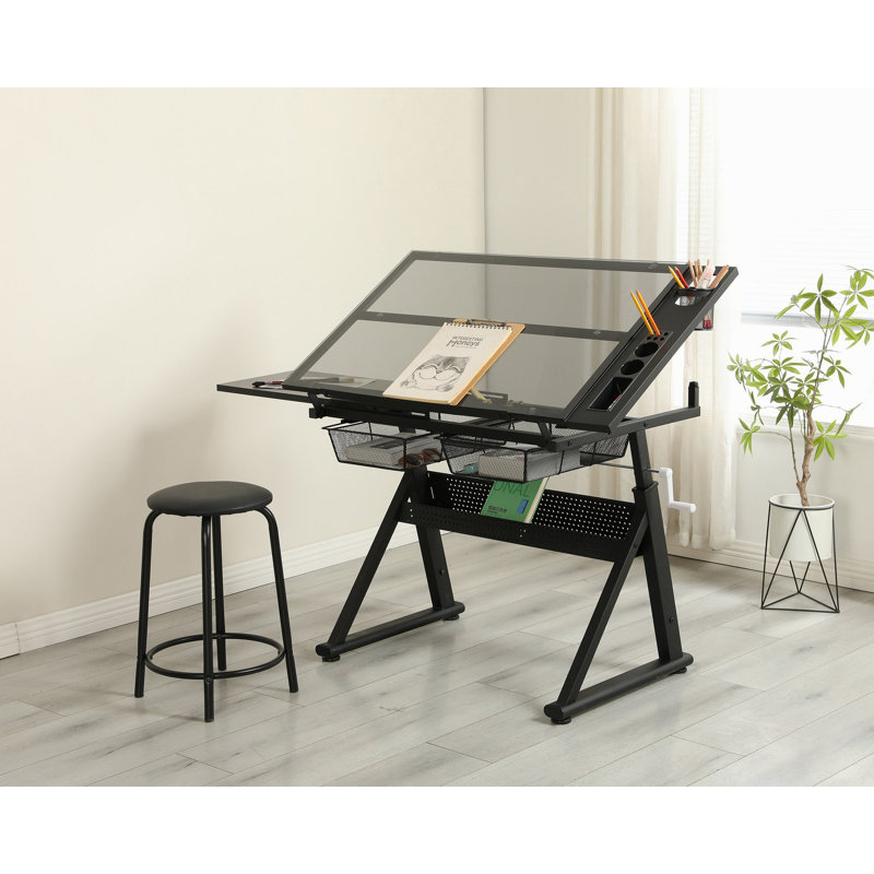 Table de dessin et d'impression en verre trempé réglable à la manivelle avec chaise et espace de rangement pour le salon, le bureau et la chambre à coucher