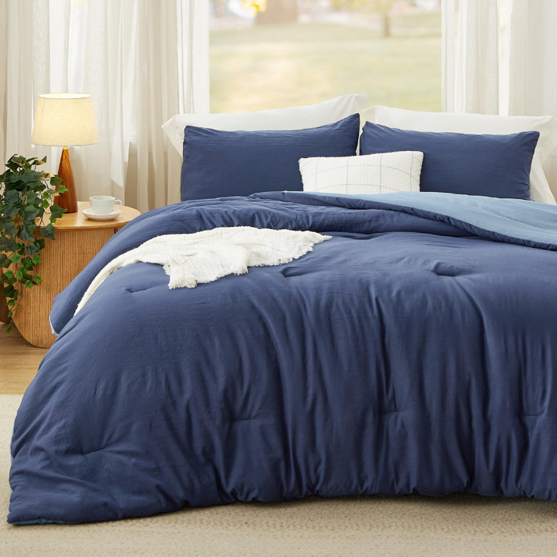 Bedsure Reversible Prewashed Comforter Set, King Comforter + 2 Standard Pillowcases, Navy/Blue