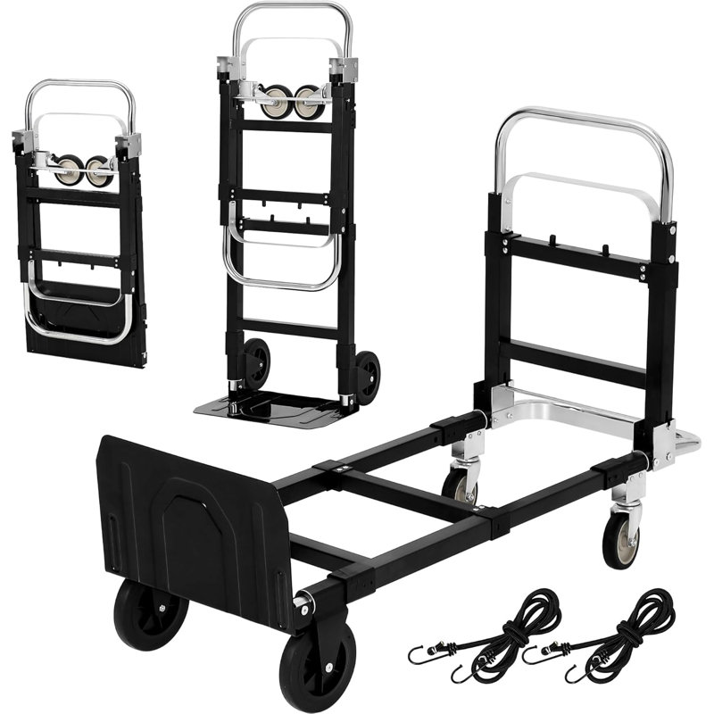 Chariot de transport manuel 2 en 1, chariot pliant en acier au carbone avec roues et sangles élastiques, capacité de charge de 220 lb pour la maison, le bureau, l'entrepôt, le magasin d'alimentation