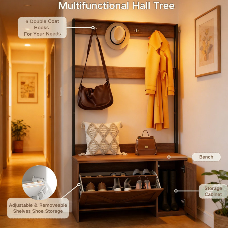 38.58"W Entryway Hall Tree with Bench, Shoe Storage Cabinet & Hooks, Coat Rack Organizer, Brown