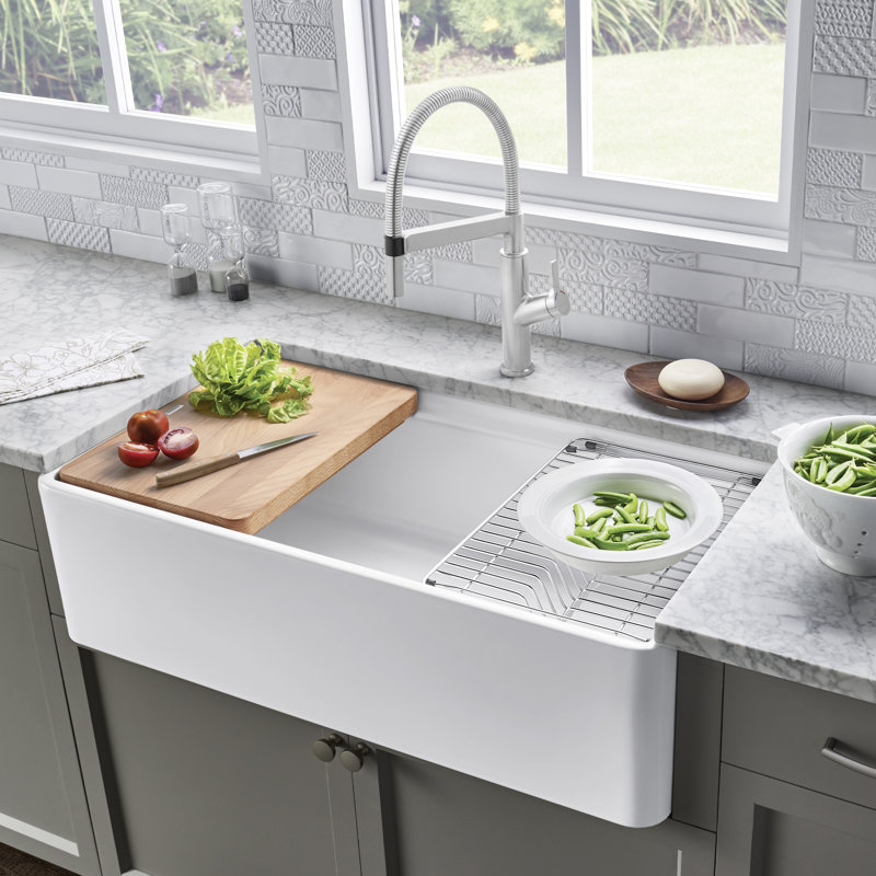 Profina 36" L x 19" W Fireclay Farmhouse Sink with Cutting Board, Biscuit