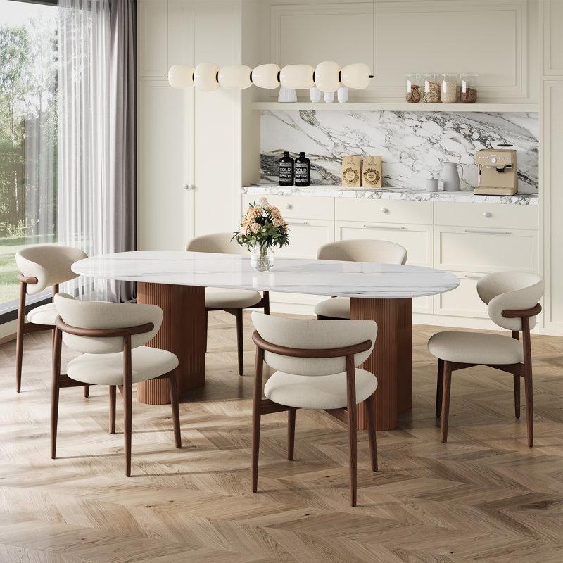 71" Modern Luxury Faux Marble 4-6 People Oval Dining Table, Double Roman Column Brown Legs Modern Minimalist Kitchen Table for Living Room Dining Room