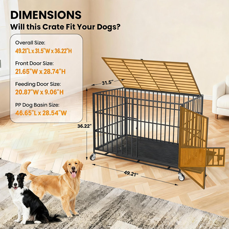 Caisse pour chien robuste 49 po, chenil en métal avec roues, 3 portes, plateau amovible, noir, 36.22" H x 49.21" W x 31.5" D