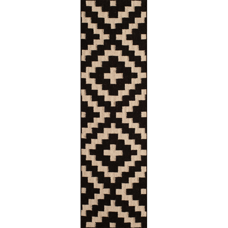Tapis noir en laine tissé à plat à la main Alirah, Tapis de couloir 2 pi 3 po x 8 pi