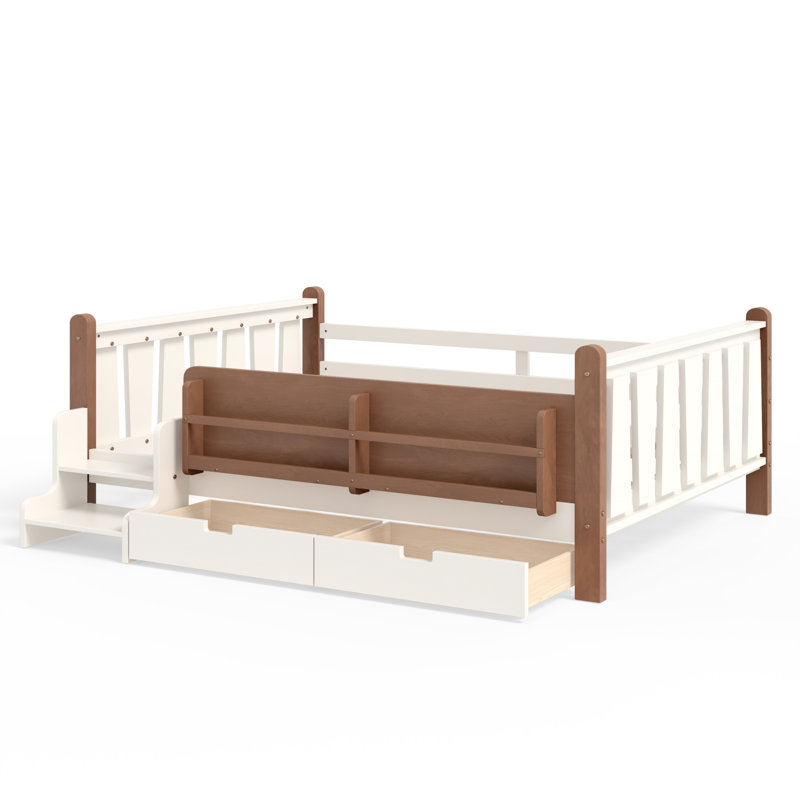 Lit pour enfants Montessori avec bibliothèques, tiroirs et escaliers mignons, Lit double, Beige
