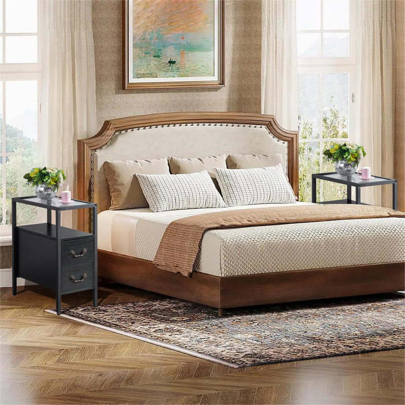 Black Narrow End Tables with Drawers and Open Shelf, Modern Industrial Nightstands with Storage for Bedroom, Sofa Side or Small Spaces