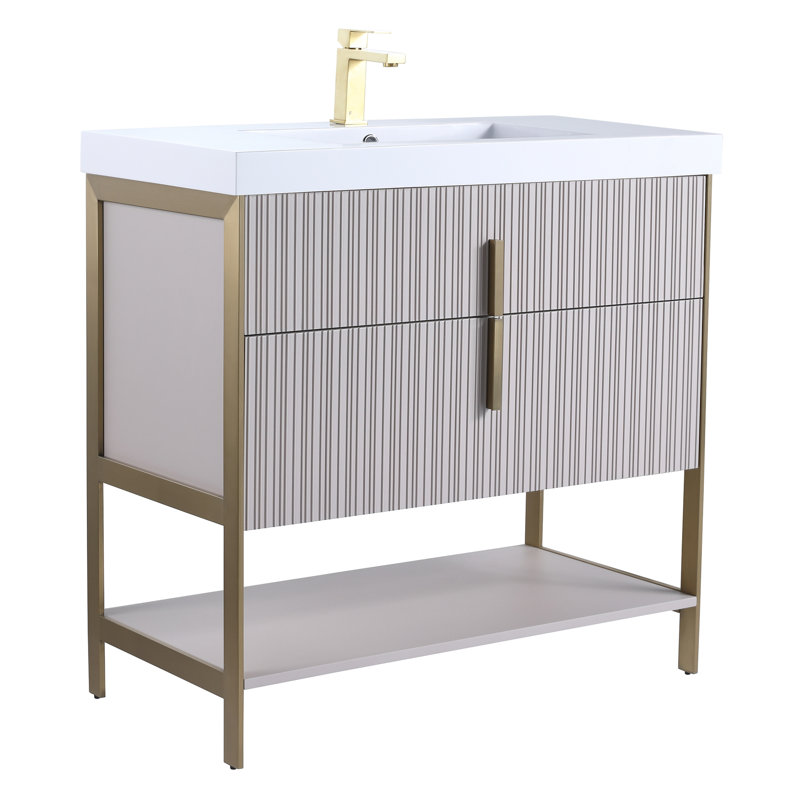 Meuble-lavabo moderne avec plateau en acrylique Serenity, Taupe vif / laiton, 36", Blanc