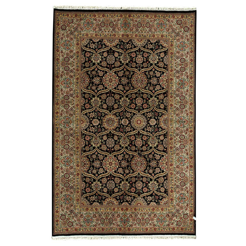 Tapis noir / or / rouge en laine noué à la main de conception unique 5 pi 9 po x 8 pi 9 po
