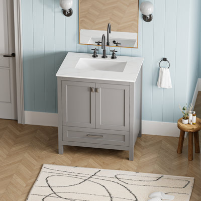 30" Freestanding Bathroom Vanity - Carrara Engineered Marble Top, Under-mounted Ceramic Sink, Soft-Close Door, Solid Wood Frame