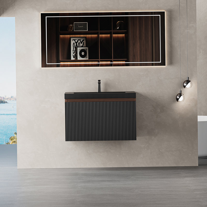 Meuble-lavabo flottant avec lavabo, meuble de rangement mural moderne avec tiroir à fermeture en douceur, idéal pour les salles de bain compactes et fonctionnelles.