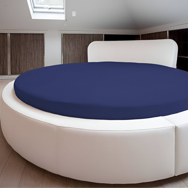 400TC Sateen Solid Cotton Round 4 Piece Sheet Set Fitted Sheet Fits Upto 16" Deep Pocket, Navy Blue Solid