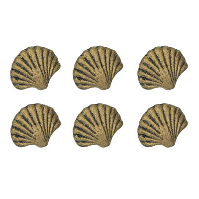 Coastal distressed antique gold cast iron scallop seashell cabinet and drawer pulls, set of 6 — 2" W x 1.75" H x 1.25" projection