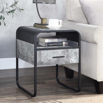Table de bout carrée de style industriel, gris béton et noir, structure en métal, tiroir à 1/2 extension, compartiment ouvert, glissière latérale, idéal pour une table de style salon, un tiroir avec extension, bon