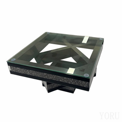 Crushed Diamond Coffee Table Twisted Design Crystals Filled On Sides Modern Glam Mirrored Glass Coffee Table With Glitter Accents Black