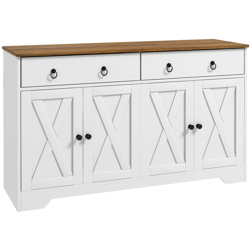 White Buffet Cabinet With 2 Drawers, Storage Cabinets, 4 Doors, Adjustable Shelf Shelves, White, Wood Grain Sideboard