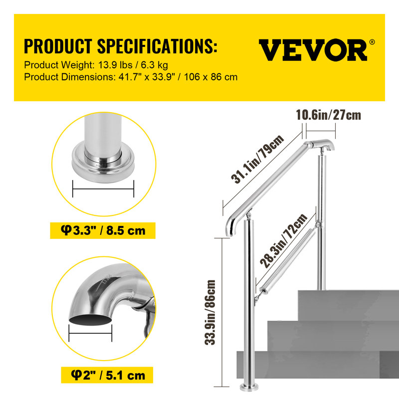 Adjustable Stainless Steel Handrail for 2-3 Steps, Silver Finish