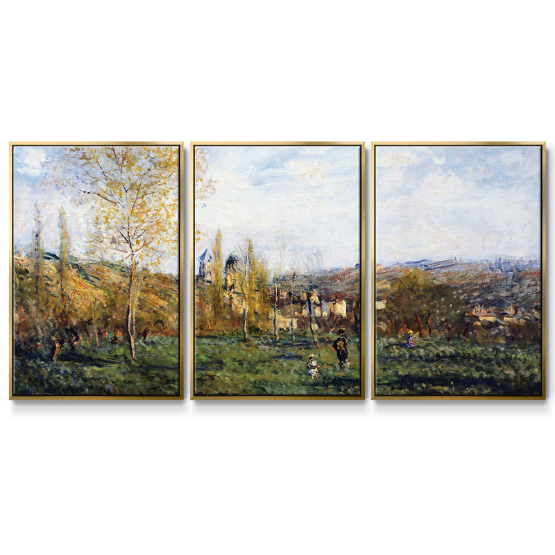 Springtime In Vetheuil, 1880, reproduction d'art sur toile encadrée 3 pièces, Or, H 40 po x l 78 po x P 2 po