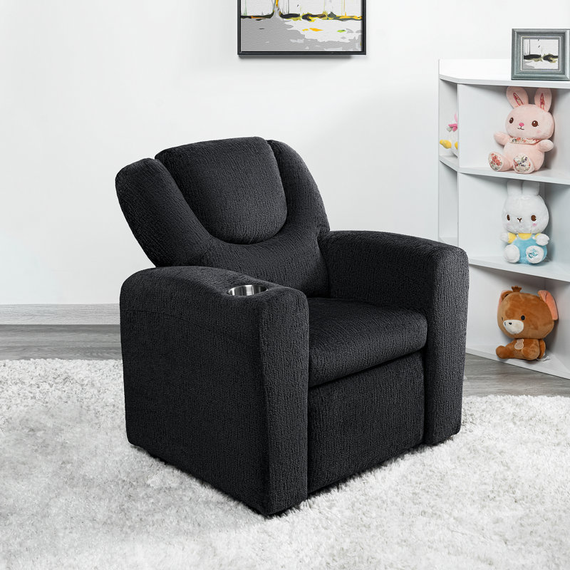 Roomy Kids' Recliner Chair with Cup Holder, Toddler Recliner With Push-Back Design, and Adjustable Footrest, Black Chenille