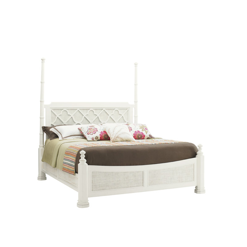 White Wood Queen Poster Bed with Upholstered Headboard