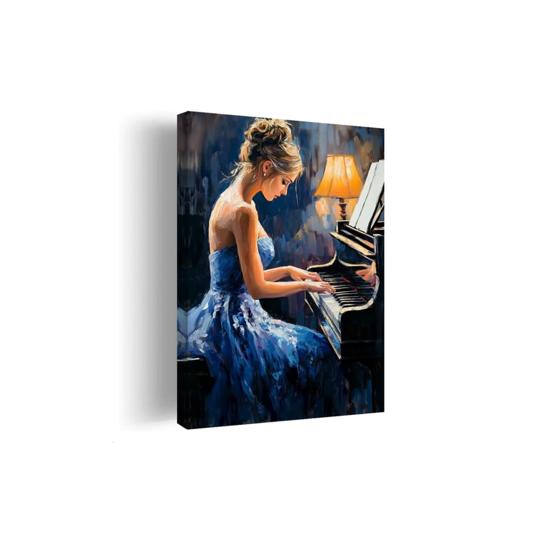 Black Girl Wall Art Female Playing Piano Pictures Black Woman Music Canvas Prints African American Paintings Music Club Decor Framed(Blue,12L x 18W)