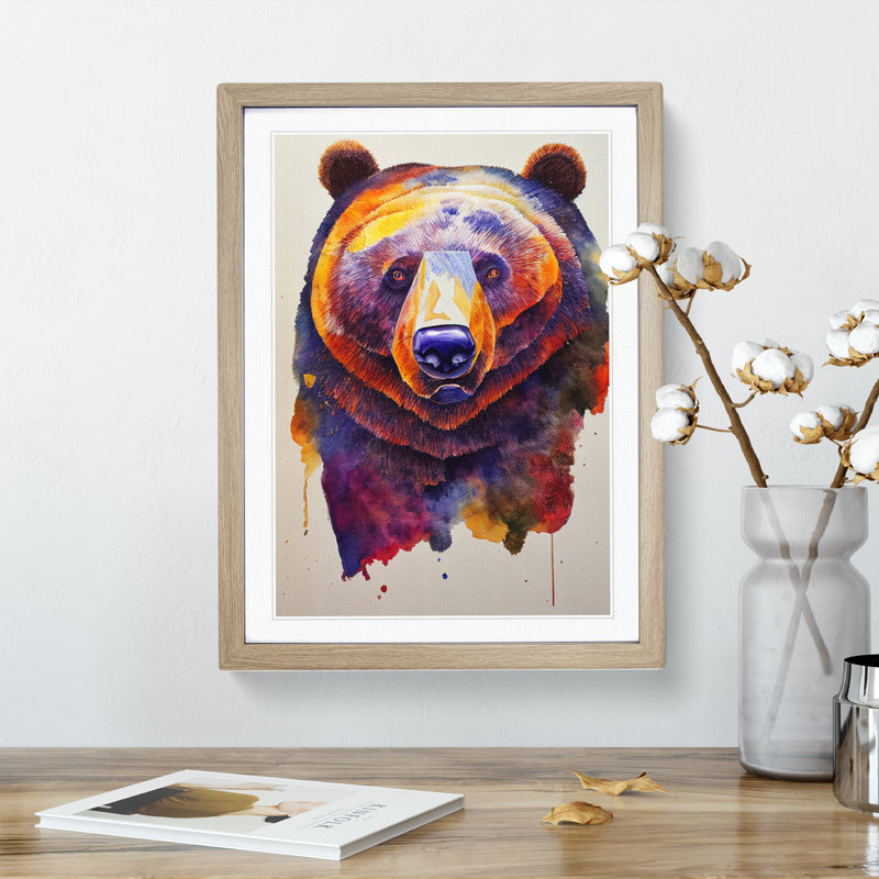 Bear Watercolour No.2 - Single Picture Frame Painting, 34cm H x 25cm W x 2cm D, Oak Framed