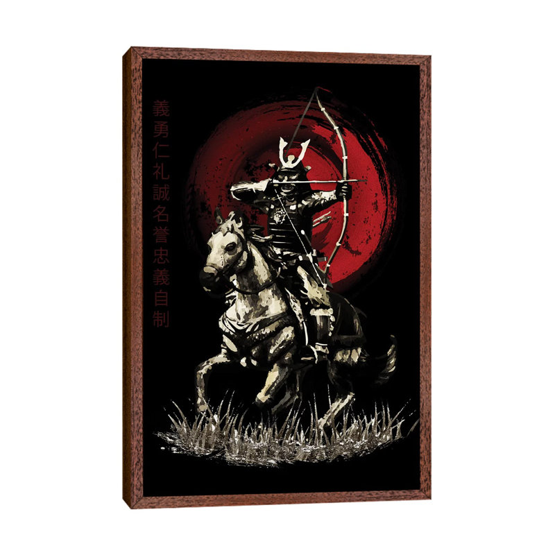 Bushido Samurai Yabusame Archer On Horse by Cornel Vlad - Print on Canvas, 101.6 cm H x 66.04 cm W, Classic Brown Wood Framed