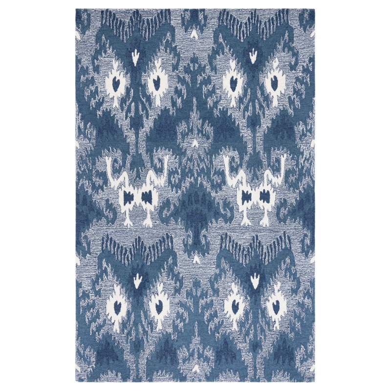 Tapis bleu / ivoire en laine / coton touffeté à la main Ikat, Rectangle 3 pi x 5 pi