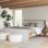 Lit plateforme très grand en bois avec tête et pied de lit en tissu gris