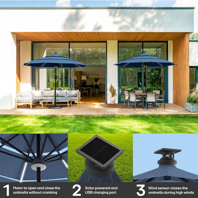 Pasticallo Paramount Series Smart Umbrella With Remote, Wind Sensor, Solar Panel, Led Center Lighting, Removeable Led Lighting Strip, Sunbrella Spectrum