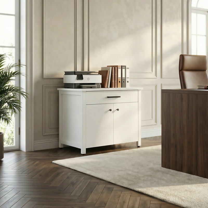 Armoire de rangement de bureau blanche avec tiroir et portes doubles - 28,3 po de largeur, charge supérieure de 330 lb, glissières en métal