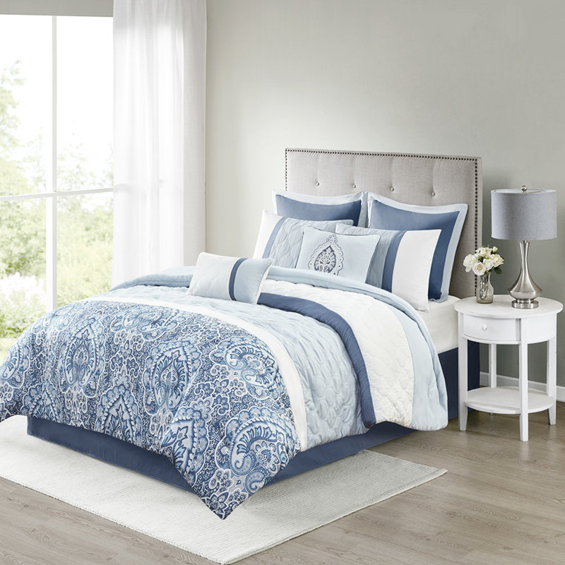 8 grands lits - édredon lavable à la machine 8 pièces avec imprimé partiel et rembourrage, Bleu