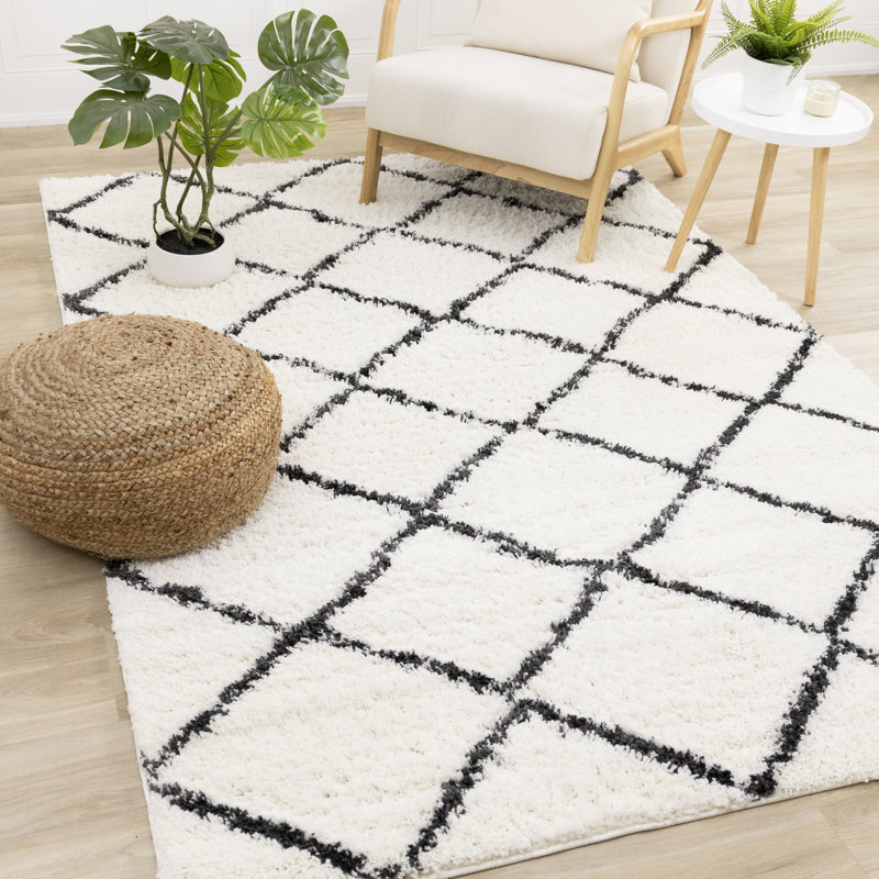 Simple Shag White Black Trellis Indoor Area Rug, Rectangle 5'3" x 7'7"