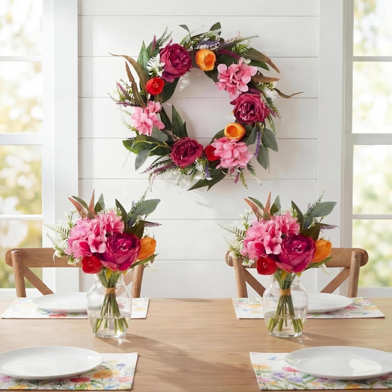 Couronne de printemps 18 po, couronne de tulipes artificielles avec 2 bouquets, 5 po x 18 po