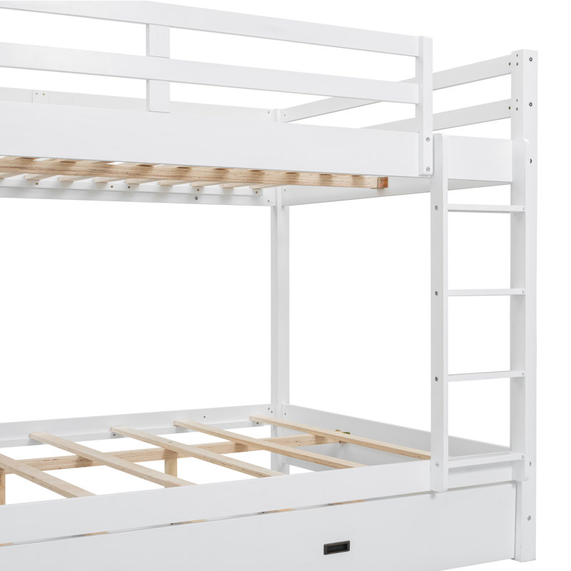 Queen Over Queen Bunk Bed with Ladder and Trundle, White