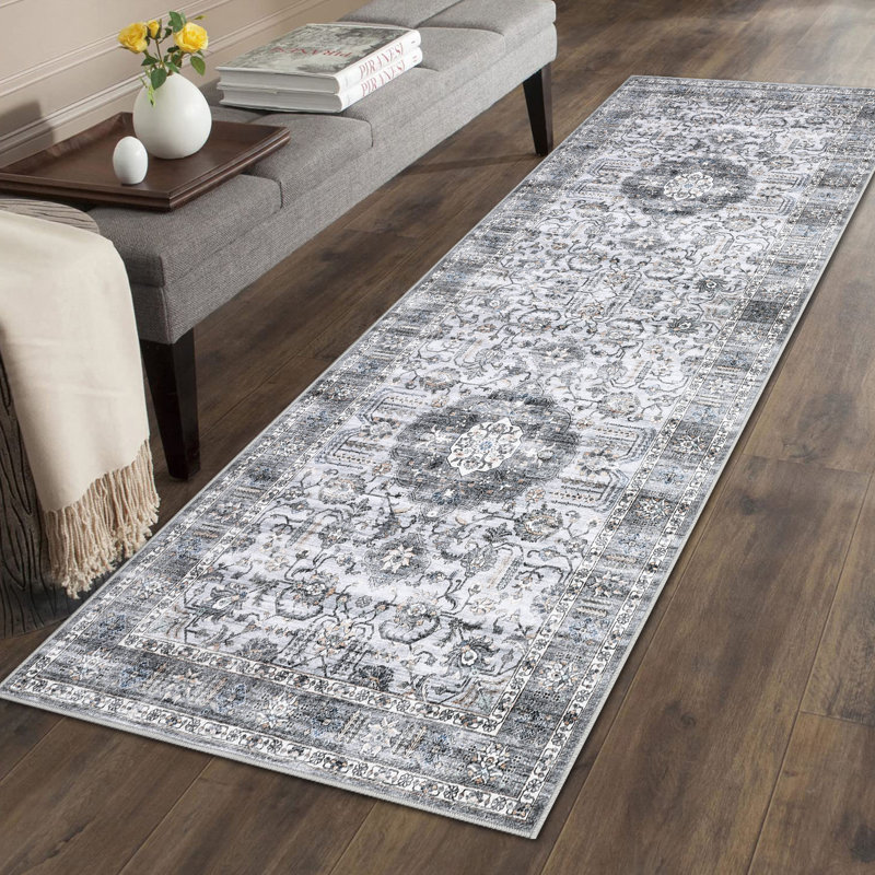 Large Dining Room Rugs 10x13 Medallion Accent Carpet with Non Slip Backing, Non Shedding Traditional Indoor Mats, Machine Washable Thin Floor Cover for Bedroom, Kitchen