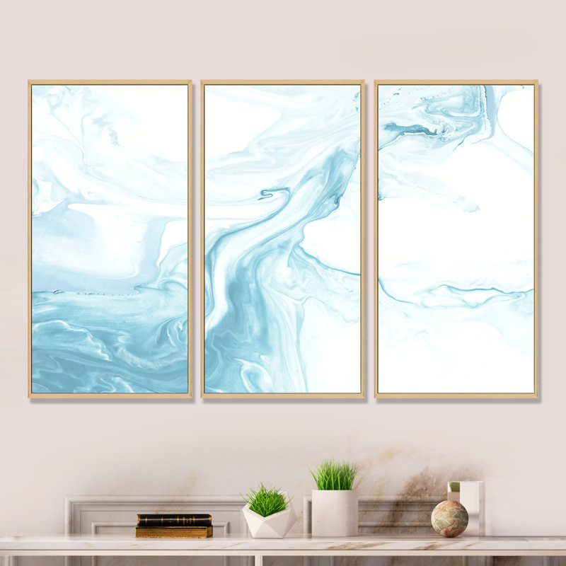 Art de marbre liquide clair bleu clair et blanc - ensemble d'art moderne sur toile encadrée moderne de 3
