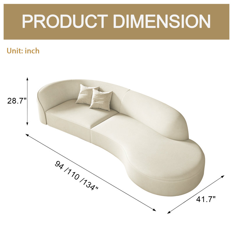 134 " luxurious curved modular sofa with a right armrest, upholstered in fabric material, suitable for use in living rooms and apartments, in the white cream style."