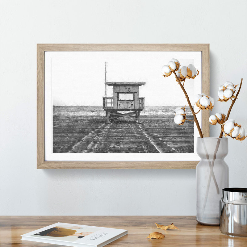 Lifeguard Station upon the Beach - Picture Frame Graphic Art Print, 24cm H x 33cm W x 2cm D, Oak Framed