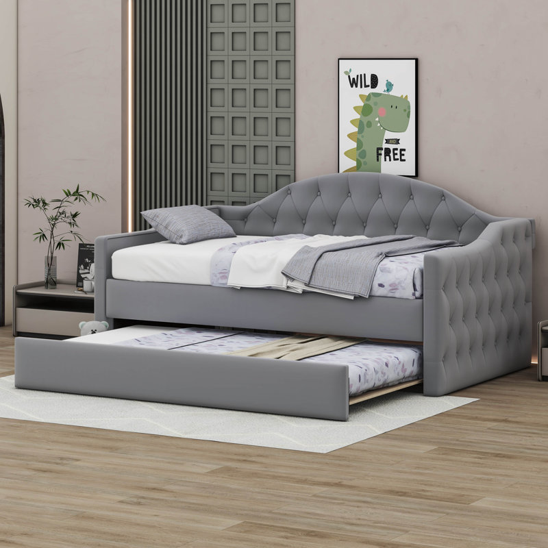 Martisa Twin Size Tufted Velvet Upholstered Daybed with Trundle, USB & Type-C Charging Port, Gray