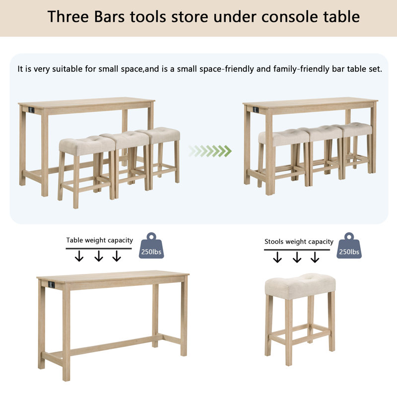 Ensemble de table de bar 4 pièces avec prise et 3 tabourets, table de salle à manger élégante et chaises, Beige